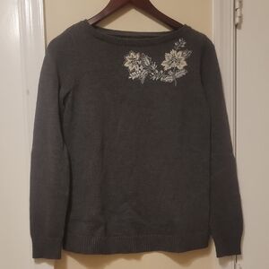LOFT Charcoal Sweater with Floral Embroidery